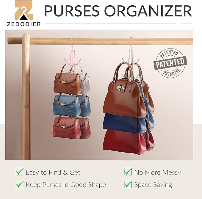 ZEDODIER 4 Pack Purse Organizer for Closet, Heavy-Duty Hanging Purse Hanger Closet Holds Up to 24 Purses, Metal Rotating Space Saving Bag Holder Handbag Storage Hook Backpack Rack, Pink