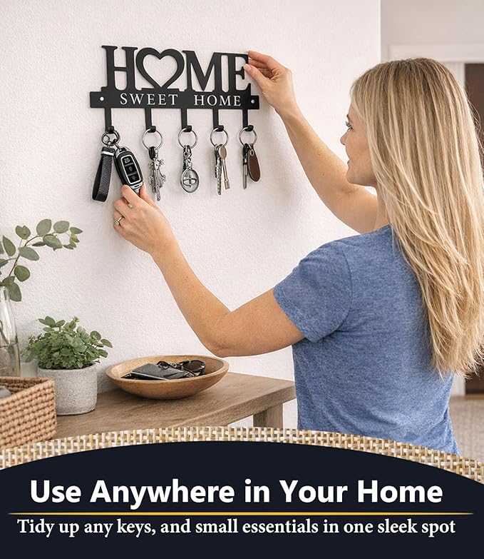 Key Holder Hooks Organizer Hanger Rack Wall Mounted Sweet Home Metal Decor Stylish and Practical for Entryway Front Door Kitchen Hallway Garage Mudroom Office Hardward Included Black (Sweet 13 inches)