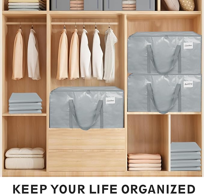 6 Pack-Extra Large Heavy Duty Moving Bags - Waterproof Storage Totes with Handles & Zippers, Foldable for College Dorm, Storage (light gray)