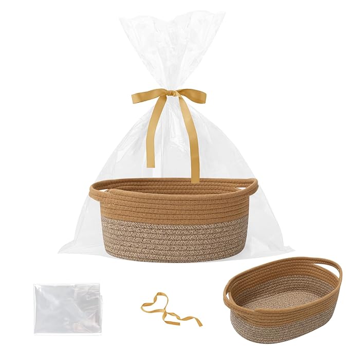 Small Woven Rope Basket-Empty Gifts Basket with Bag and Ribbons,Cute Handle Organizer Box for Birthday/Baby Shower, Toy Storage, Nursery Organizing & Shelf Decor(Jute&Mixed Brown)