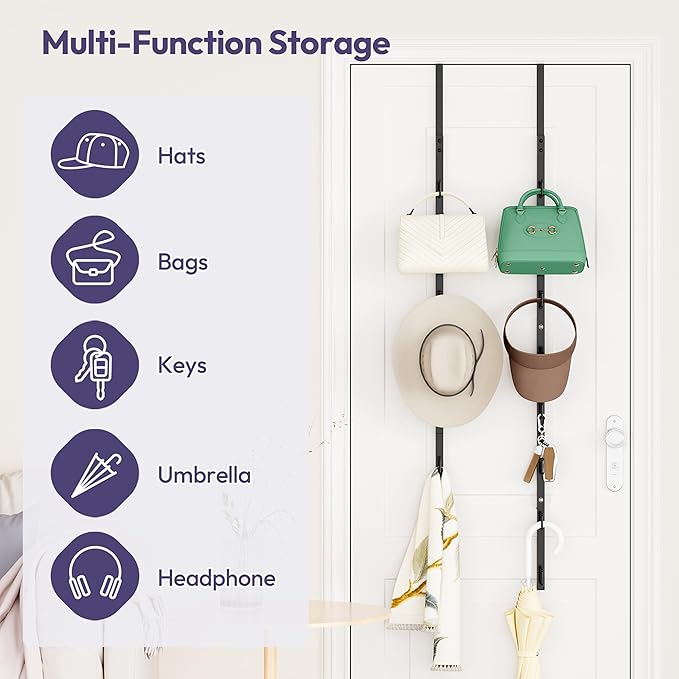 SWTYMIKI Over The Door Purse Organizer - 2 Packs Wall Mounted Purse Rack with 8 Hooks Design, Hanging Handbag Organizer Storage Holds up to 16 Bags, Bag Rack for Closet, Door (Black)