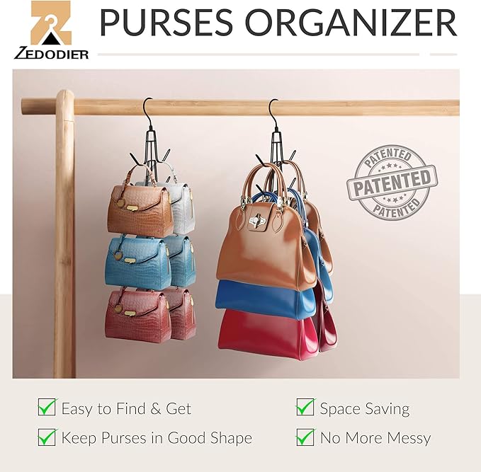 ZEDODIER 2 Pack Purse Organizer for Closet, Heavy-Duty Hanging Purse Hanger Closet Holds Up to 12 Purses, Metal Rotating Space Saving Bag Holder Handbag Storage Hook Backpack Rack, Black