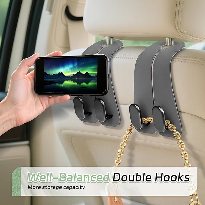 Car Seat Headrest Hooks - 4 Pack Universal Car Purse Hook, Leather Car Bag Purse Holder with Double Metal Hooks for Handbags, Grocery Bags, Bottles, Phones, Gray