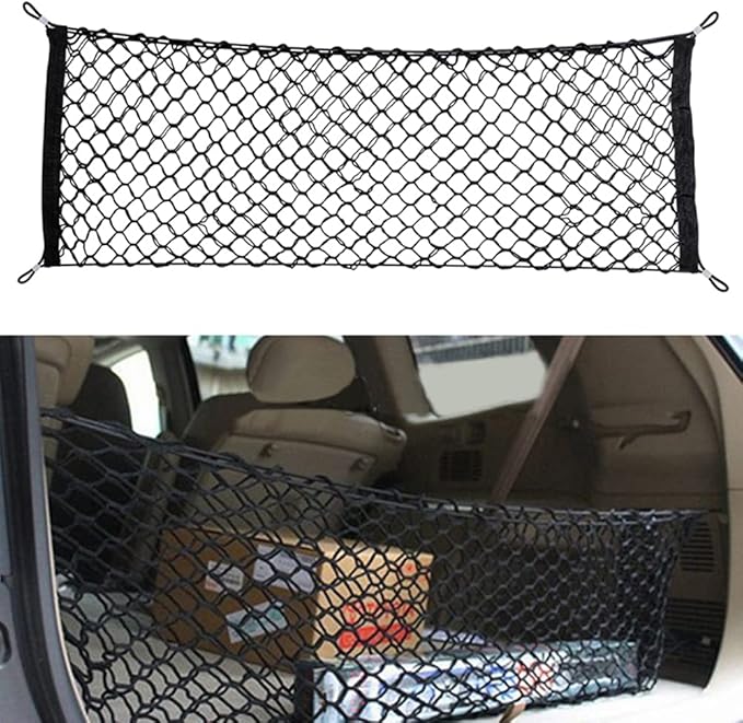 Car Rear Cargo Net, Universal Adjustable Elastic Trunk Cargo Storage Organizer Net Compatible for SUV, Jeep, Truck, Storage Nylon Mesh Double-Layer with Hooks (35.4 x 15.7 Inch)