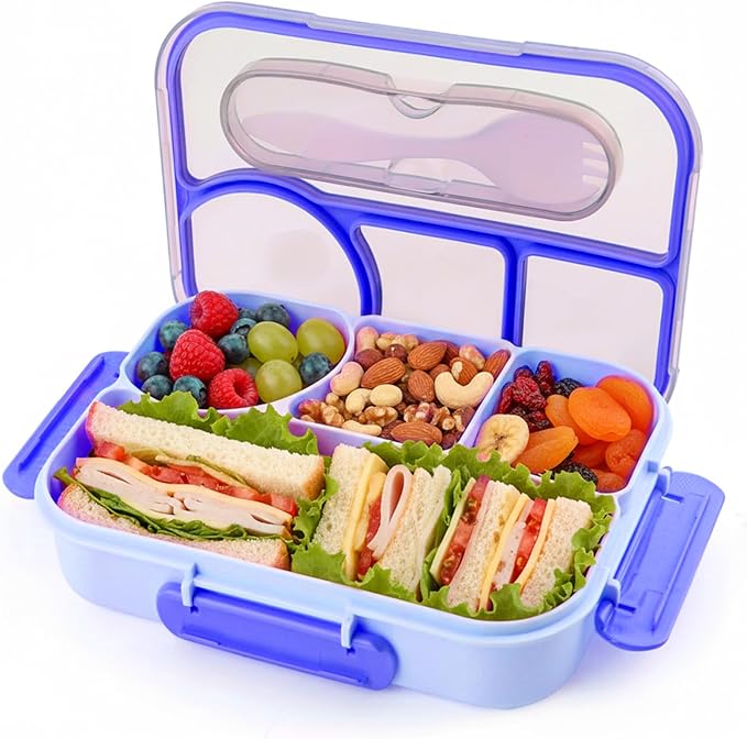 Bento Box for Adults,4 Compartments Lunch Box, Snack Containers Reusable Lunch Containers Drop-Proof, Dishwasher Safe & Made with BPA-Free Materials, Blue