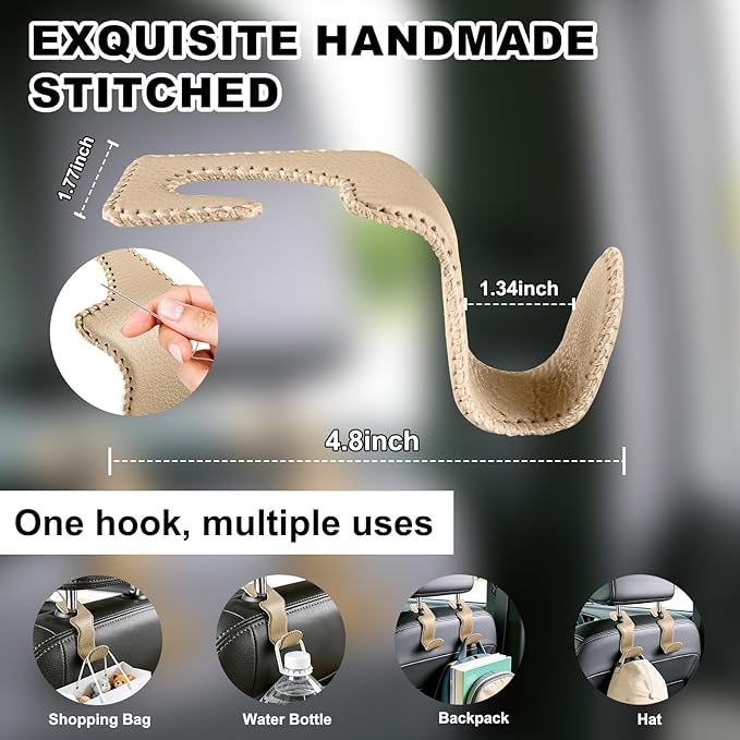 EldHus Car Seat Hooks for Purses and Bags, 4 Pack Car Purse Holder for Grocery Bag Handbag Clothes, Metal Headrest Hooks Covered by Leather, Beige