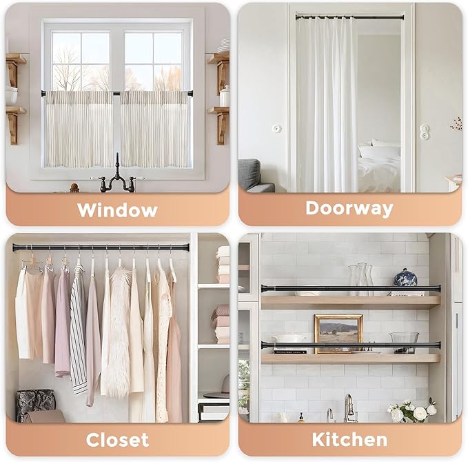 2 Pack Black Spring Tension Curtain Rods 23-46 Inch Adjustable Expandable Spring Loaded Curtain Rods No Drilling Suitable for Small Short Tension Rods 23-34 Inch Doors, Windows, Closet