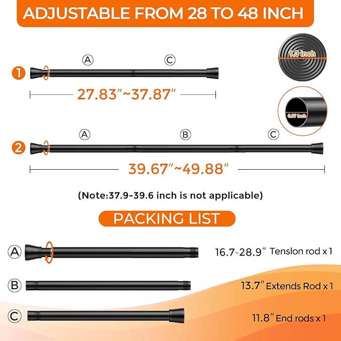 2Pack Tension Curtain Rod 28-48 Inch 7/8" Diameter, Adjustable No Drilling Rustproof Black Spring Loaded Curtain Rods for Window, Doorway, Bathroom, Closet, Kitchen, Shower Stall