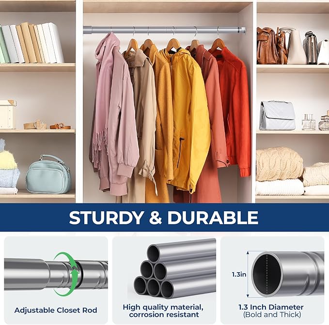Mavivegue Closet Rod, 17 to 84 Inch Adjustable Closet Rods for Hanging Clothes, Silver Hanging Rod for Closet Wardrobes Laundry RV, Bathroom