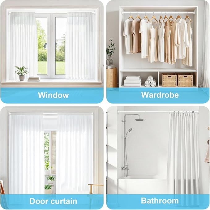 AIZESI White Tension Curtain Rod 30-63 Inch 1PCS, Non-slip Spring Curtain Rod For Windows, No-drilling Adjustable Tension Rod,Non-rust Spring Tension Rod For Doorway Bathroom Kitchen Bedroom