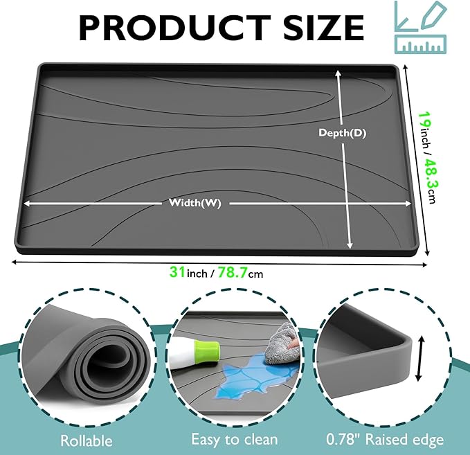 Under Sink Mat 31" x 19", Silicone Under Sink Liner for Kitchen and Bathroom, Waterproof Cabinet Protector Drip Tray, Protects Cabinets from Leaks and Spills