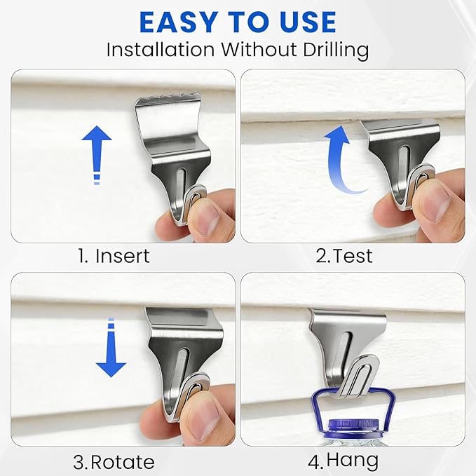 FURWEY 60 Pack Vinyl Siding Hooks, No Hole Vinyl Siding Clips, Heavy Duty Stainless Steel, for Outdoor & Festive Decoration (60P)
