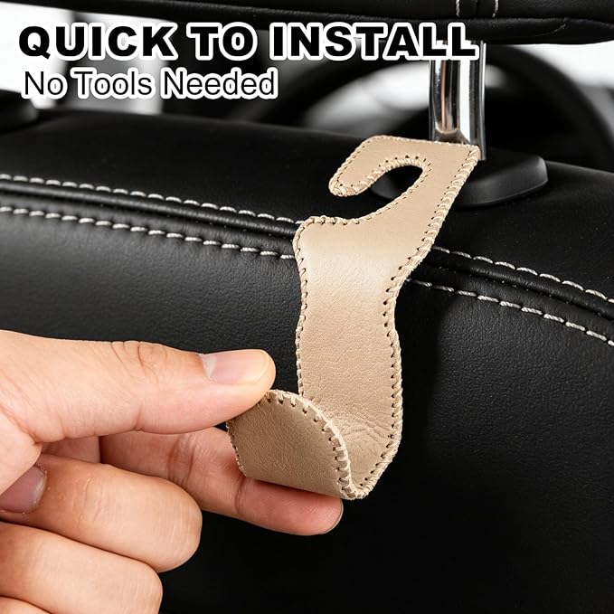 EldHus Car Seat Hooks for Purses and Bags, 4 Pack Car Purse Holder for Grocery Bag Handbag Clothes, Metal Headrest Hooks Covered by Leather, Beige