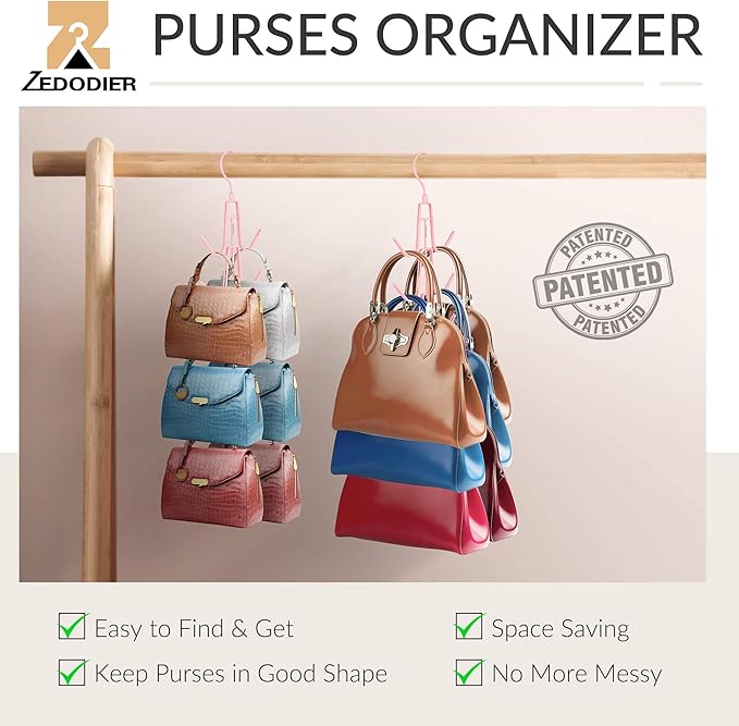 ZEDODIER 2 Pack Purse Organizer for Closet, Heavy-Duty Hanging Purse Hanger Closet Holds Up to 12 Purses, Metal Rotating Space Saving Bag Holder Handbag Storage Hook Backpack Rack, Pink