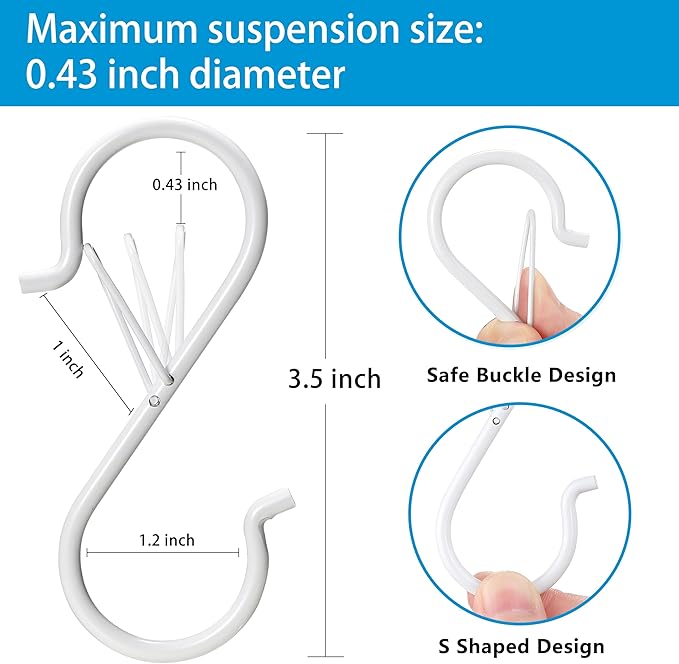 17 Pcs S Hooks for Hanging Safety Buckle, 3.5 Inch Stainless Steel S Shaped Locking Hooks for Colleague Dorm, Kitchen, Plants Pots Towels Bags, White