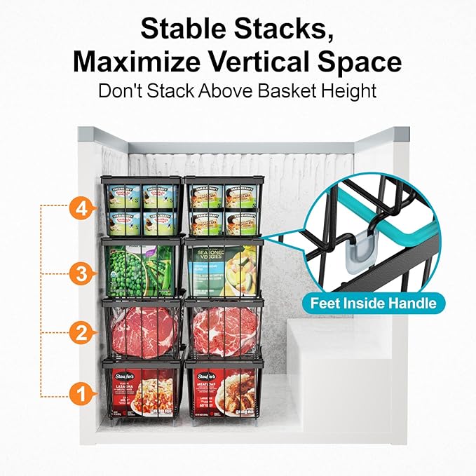 iSPECLE Deep Freezer Organizer Bins - Fits 7 Cu.Ft Chest Freezer, 8 Pack Stackable Wire Baskets(14.7" Length), Heavy Duty Coated Freezer Organizer, Rust Resistant for Frozen Food Sorting, Black