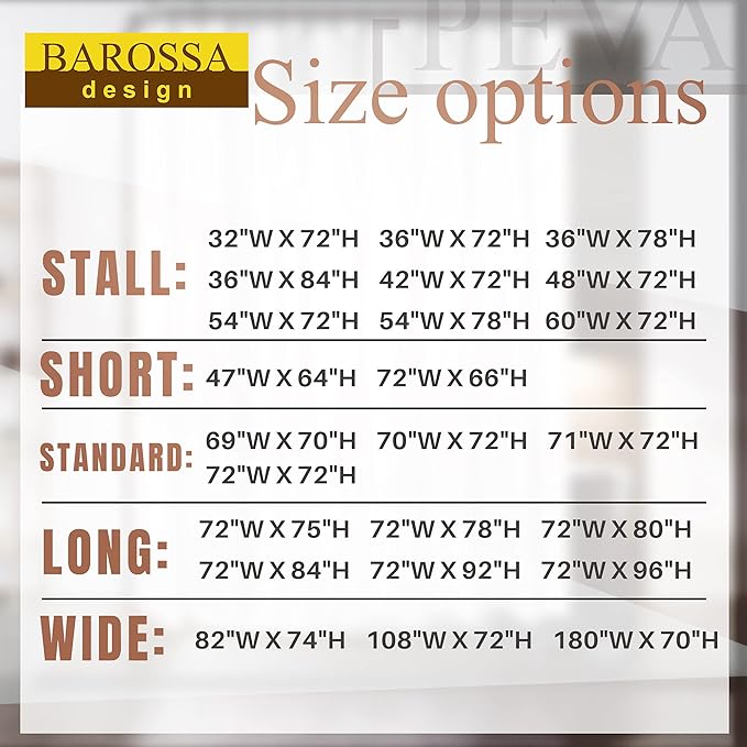 Barossa Design Shower Curtain or Liner with 3 Magnets for Shower Stall Size 42 inch Wide, PEVA, Waterproof, PVC Free, Metal Grommets, Clear, 42x72