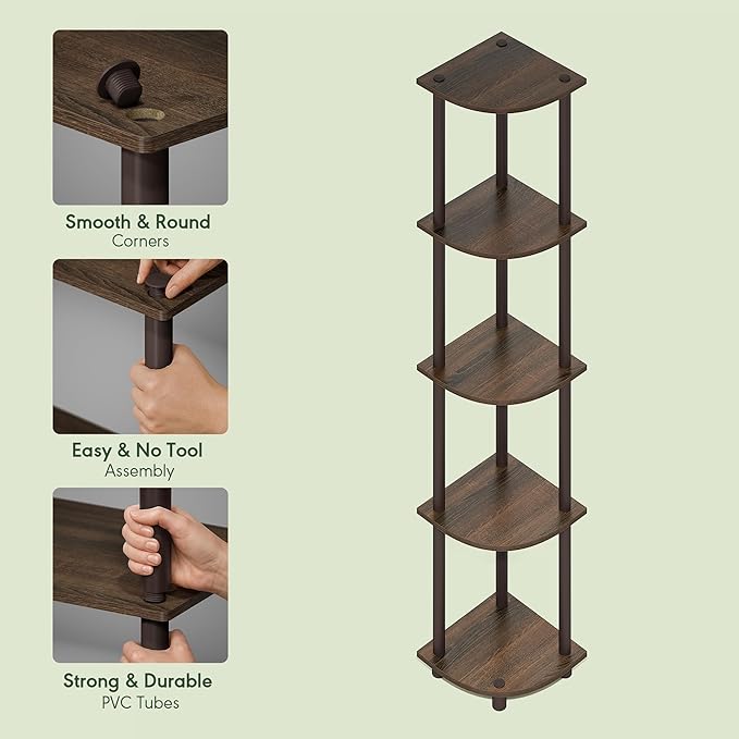 Furinno Turn-N-Tube Corner Shelf, 5-Tier Corner Bookshelf, Open Storage Shelves, for Organization and Storage, Living Room, Home Office, Garage, Bedroom, Black Walnut