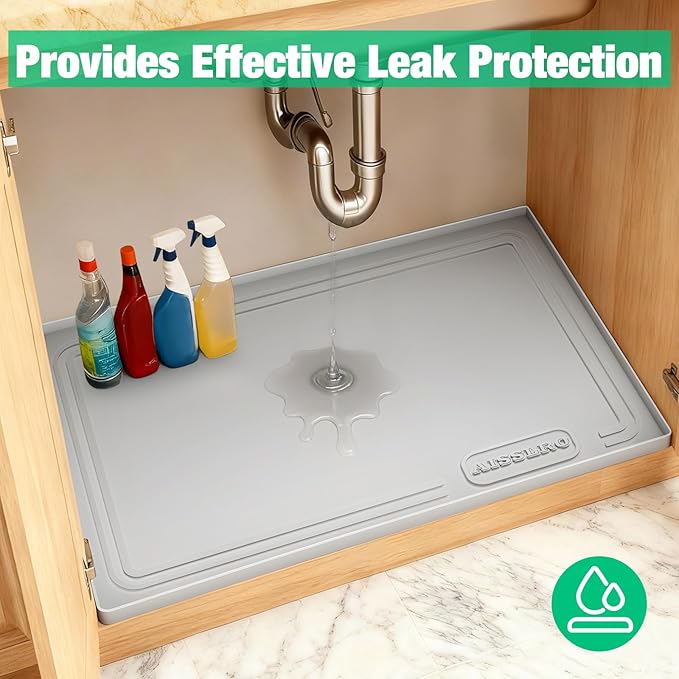 Aisslro Under Sink Mat 22" X 19", Waterproof Silicone Cabinet Protector with Raised Edge, Kitchen & Bathroom Leak Tray, Shelf Liner & Pet Feeding Mat for Dog Cat Food Mats, Light Gray