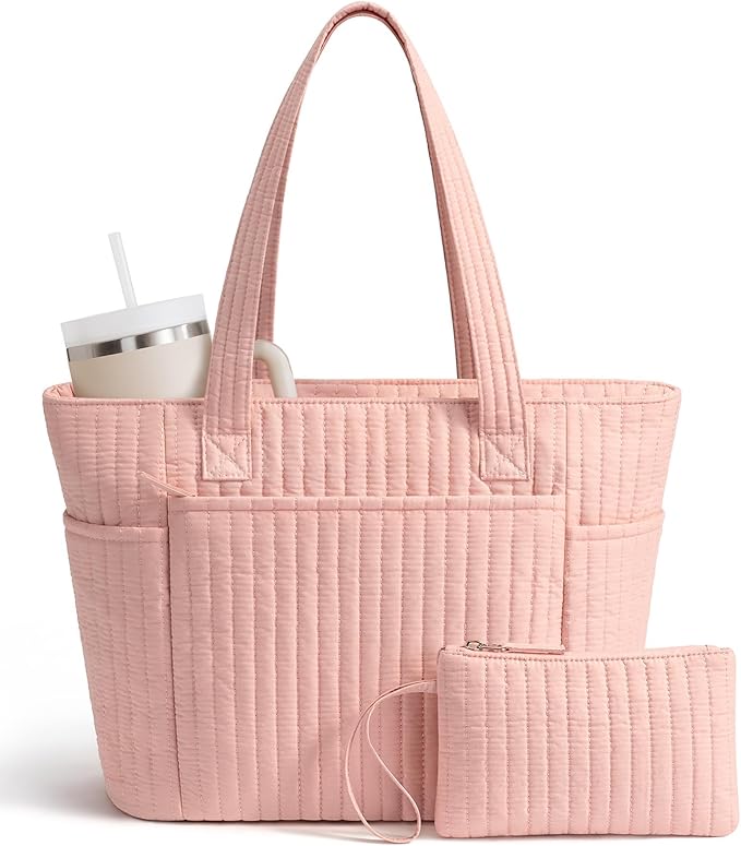 Bagstellar Puffer Tote Bag for Women, Quilted Cotton Laptop Work Tote Shoulder Bag for College School, Teacher, Nurse, Travel | Top Full-zip Closure