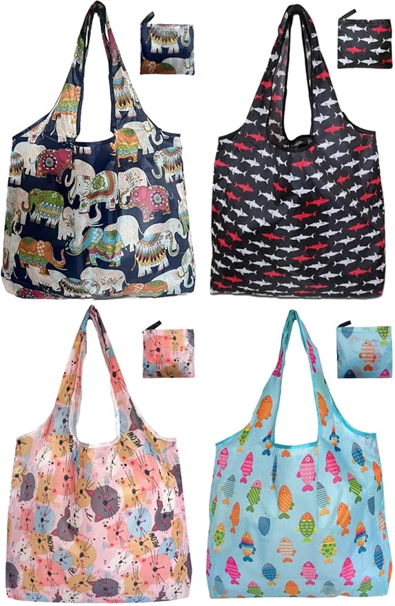 Reusable Grocery bags, 4 Pack - Lightweight And Compact, Grocery Totes Animal Printed, Machine Washable And Durable, Ideal For Groceries, Travel, And Daily Use
