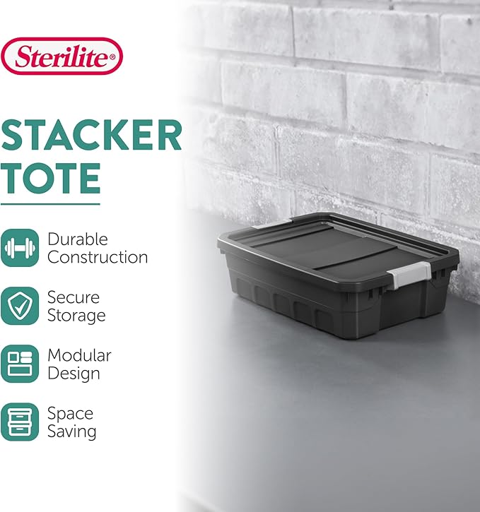 Sterilite 6-Pack 10 Gallon Stacker Tote, Rugged Plastic Storage for Home Organization, Black - Stackable Organizer Bins with Recessed Lid & Heavy-Duty Latches for Closet, Basement, Garage and Attic