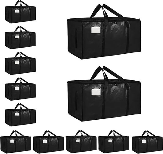 12 Pack-Extra Large Heavy Duty Moving Bags - Waterproof Storage Totes with Handles & Zippers, Foldable for College Dorm, Storage (Black)
