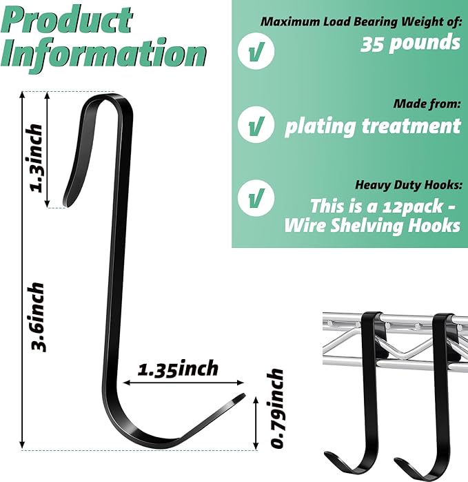 Yaocom 12 Pcs J Hook for Wire Shelving 3.6 Inch Large Heavy Duty Metal Shelf Hooks for Wire Shelves Racks Closet Shelving Accessories (Black)