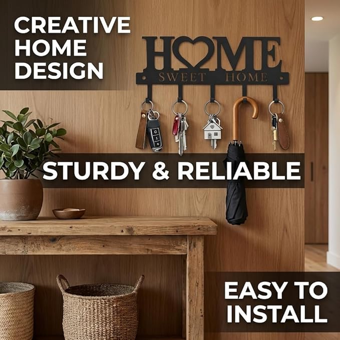 Key Holder Hooks Organizer Hanger Rack Wall Mounted Sweet Home Metal Decor Stylish and Practical for Entryway Front Door Kitchen Hallway Garage Mudroom Office Hardward Included Black (Sweet 13 inches)