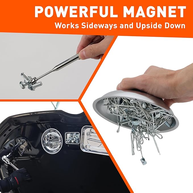 HORUDSY 4PC Magnetic Tray Set with Magnet Stick – Extra Strong Magnets, Stainless Steel Trays, and Telescoping Pickup Tool for Organizing and Retrieving Metal Parts