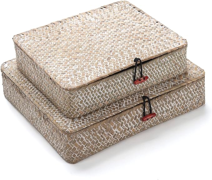 Whitewash Seagrass Basket with Lid Rectangular Decorative Storage Boxes for Shelf Organize Snack Toys Set of 2 (Large+Small)