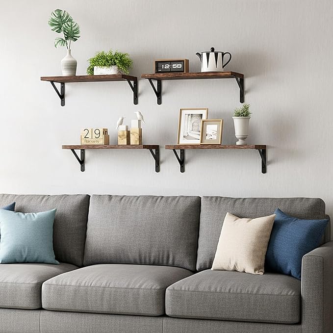 Fixwal Floating Shelves for Wall, Wood Wall Mounted Shelves for Bedroom, Bathroom, Living Room, Kitchen Storage and Decor(Brown, Set of 4, 16.5 Inch)