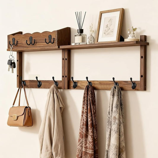 28" Coat Rack Wall Mount with Shelf, Entryway Key Holder Wall Mount Wood Wall Coat Hooks with 7 Hooks 3 Key Hanger, Wall Mounted Coat Rack Mail Holder for Living Room, Bedroom