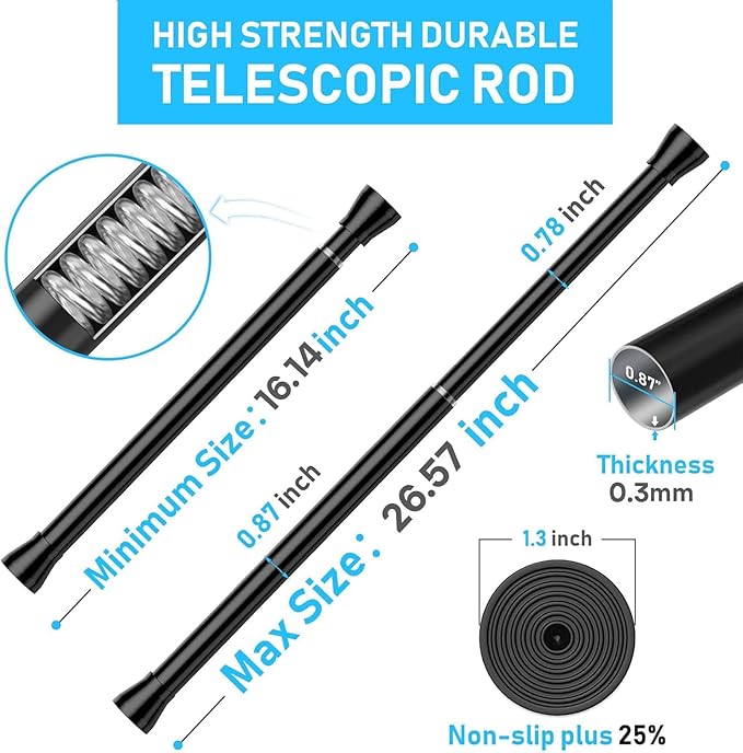 1 Pack Black Shower Curtain Rod 16 To 26 Inch Tension Shower Rod For Bathroom 7/8" Adjustable Spring Curtain Rod No Drilling Spring Rod Black Tension Curtain Rods for Windows Doorway Closet
