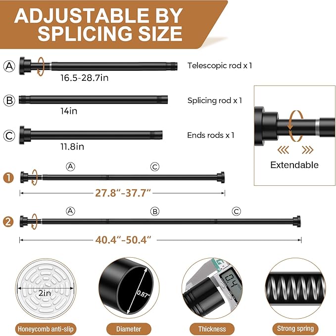 AIZESI Black Spring Tension Rod No Drilling 28-50Inch-2PCS,Tension Curtain Rod Non-Slip,Bathroom Spring Curtain Rod Non-Rust,Adjusatable Tension Rod For Windows Durable Adjustable Tension Rod