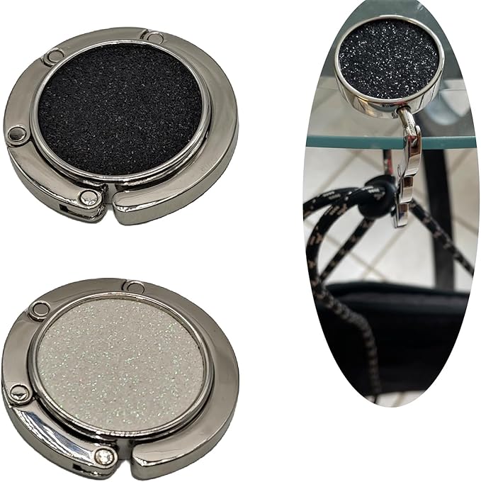 2 Pack Bling Foldable Purse Hooks for Table & Desk | Women's Handbag Hangers | Anti-Slip & Portable | Perfect for Dining Out & Office Use | Mixed Color (Black & White)