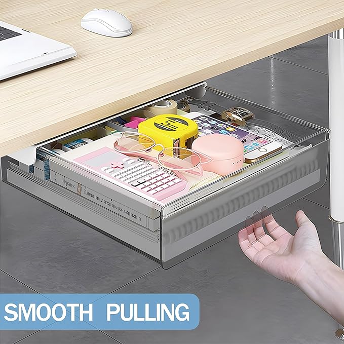 Large Under Desk Table Drawer Storage Organizer A4, Hidden Self-Adhesive Under Desk Pencil Tray Drawer for Office (Clear Black/L)