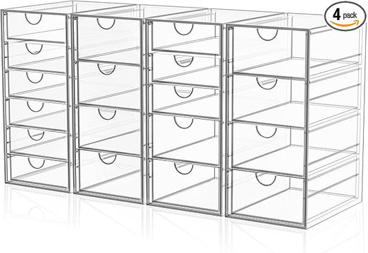 Acrylic Makeup Organizer with 19 Drawers, 4 Pack Clear Storage Drawers, Bathroom Makeup Organizer for Palettes, Cosmetic, and Beauty Supplies,Ideal for Vanity, Cabinet,Desk Organization