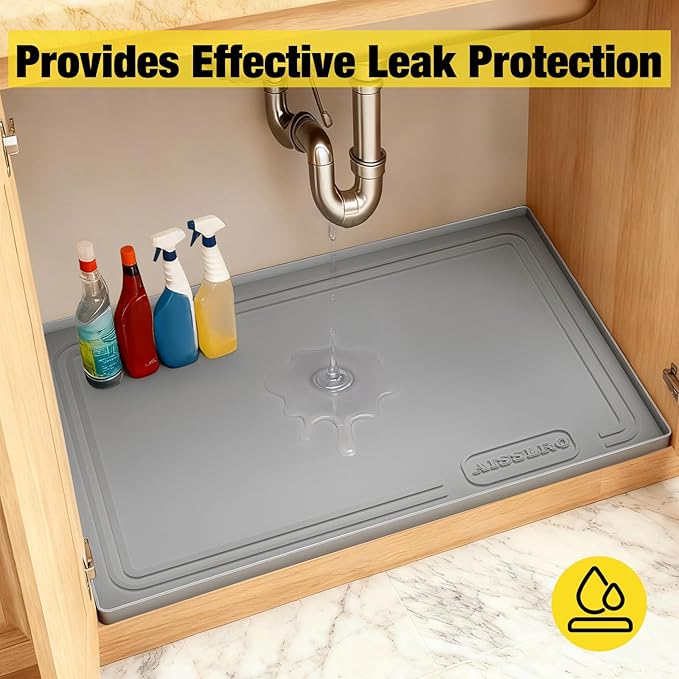 Aisslro Under Sink Mat 25" X 19", Waterproof Silicone Under Sink Mats for Kitchen, Anti-Leak Shelf Liner & Cabinet Protector with Raised Edge, [BPA Free] Bathroom Tray Home Organizer, Dark Gray