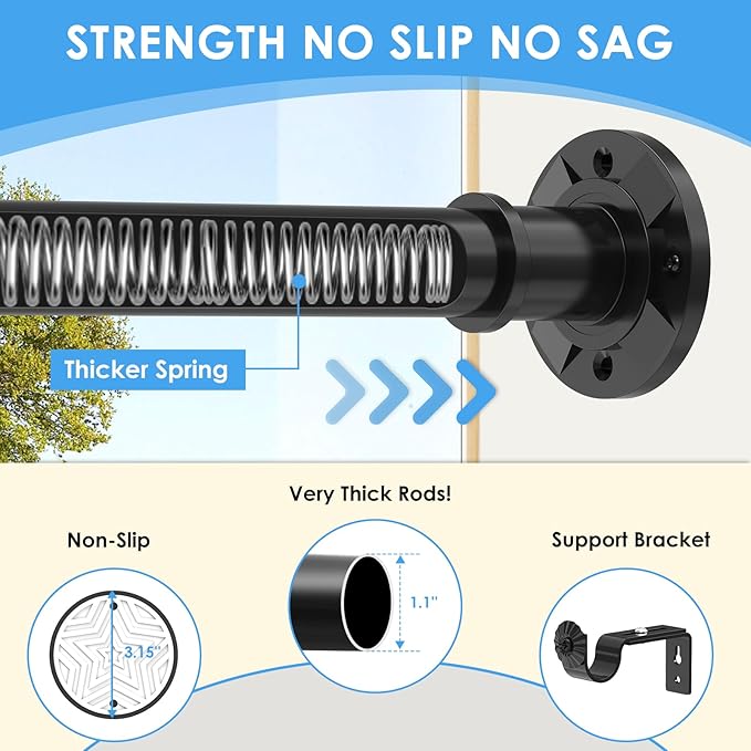 Black Tension Curtain Rod 31-124 Inch Adjustable Long Curtain Rod No Drilling Outdoor Tension Rods for Patio Balcony Never Rust Heavy Duty Shower Curtain Rods for Bathroom Window Apartments Non Slip