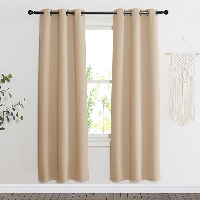 NICETOWN Room Darkening Blind Shade for Kids Bedroom, Biscotti Beige, Single Panel, 34 x 72 inch, Triple Weave Home Decoration Light Blocking Solid Ring Top Curtain/Drape for Small Window
