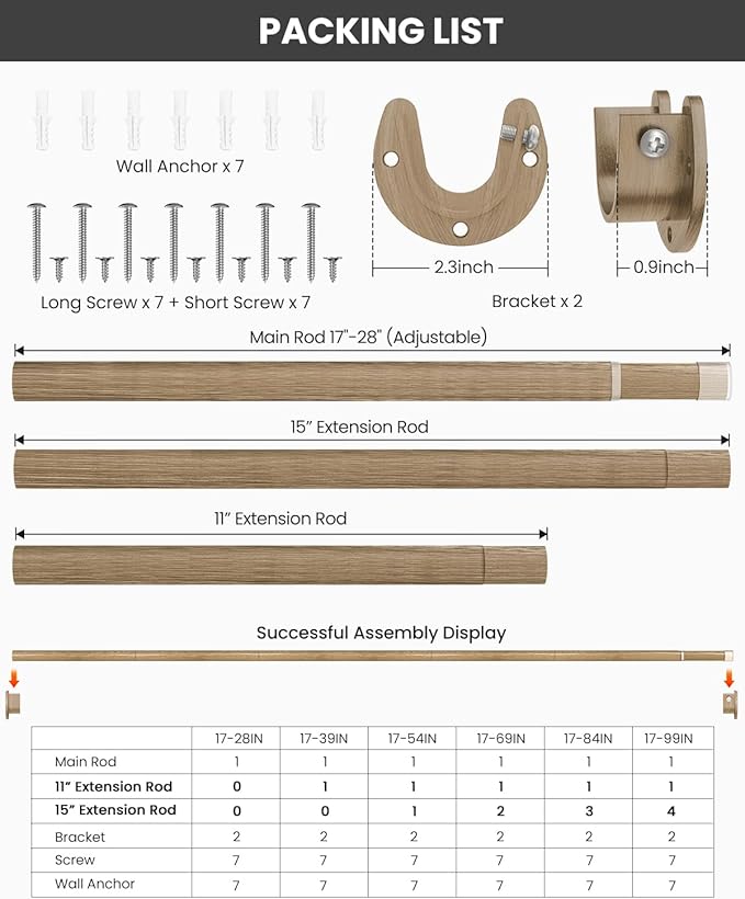 Closet Rods for Hanging Clothes, 17 to 28 Inches Stepless Adjustable Metal Closet Rod, 1.3 Inches Heavy Duty Clothes Hanging Rod for Closet Wardrobes Laundry RV(Wood Grain)