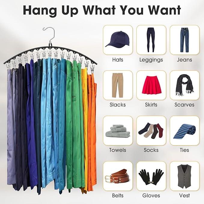 Upgrade Skirt Pants Hangers with Clips, Metal Legging Organizer for Closet with 15 Cilps Holds 90 Leggings/Shorts/Jeans/Skirts Pants Hangers Space Saving Closet Organizers and Storage, Black 6Pack
