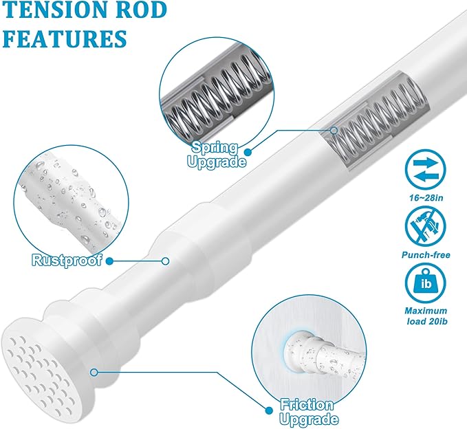 Small Tension Curtain Rods 16 to 28 Inches, Heavy Duty Short Shower Curtain Rod Adjustable Extension Spring Tension Rods for Windows, Closet, Kitchen, Bathroom, Wardrobe, White