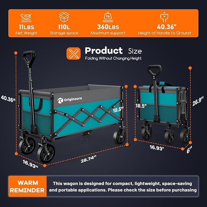 Originsure Collapsible Wagon Cart Foldable - Lightweight Portable Heavy Duty Folding Beach Wagons with Wheels - Utility Carts for Grocery, Camping, Shopping with Large Capacity - Grey&Turquoise