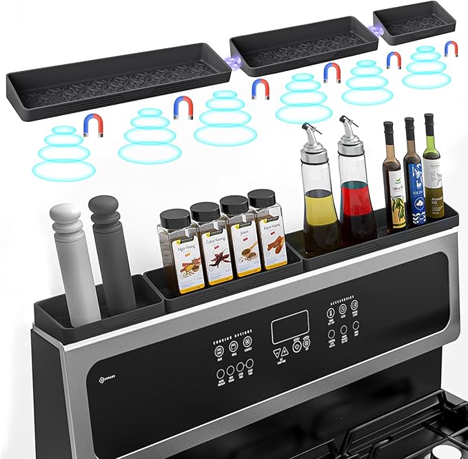 Foeacry Magnetic Stove Top Shelf 30"/24"/20", 3-Piece Silicone Over the Stove Shelf Spice Rack & Spice Organizer — Heat Resistant, No Drill Kitchen Storage Organizer for Gas & Electric Stoves