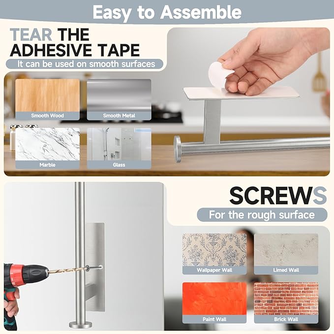 Paper Towel Holder Wall Mount - Self Adhesive No Drill or Drilling, SUS304 Stainless Steel - Kitchen, Bathroom, Sink, Pantry, Fridge (Silver)