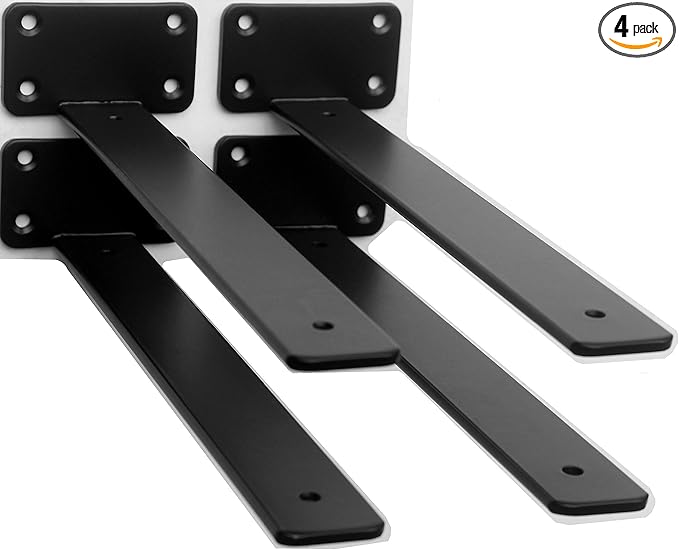 4 Pack - 12 inch Black Hidden L Shelf Bracket (1/5 Inch Thicked) Iron Floating Shelf Brackets Rustic Industrial Metal Brackets for Shelf Support