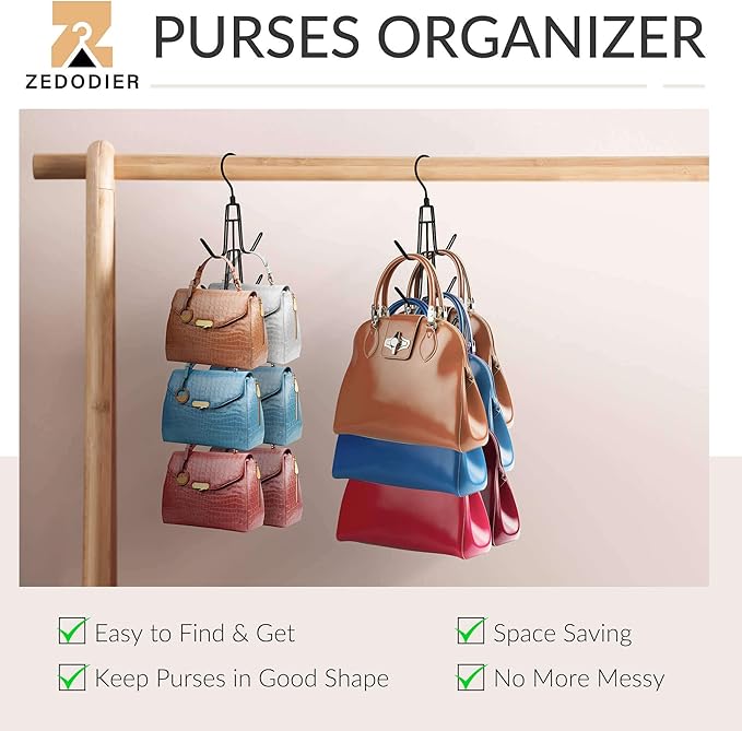 ZEDODIER 3 Pack Purse Organizer for Closet, Heavy-Duty Hanging Purse Hanger Closet Holds Up to 18 Purses, Metal Rotating Space Saving Bag Holder Handbag Storage Hook Backpack Rack, Black