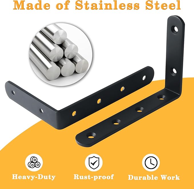 Alise 4mm Thick Floating Shelf Brackets,Black Bracket for Shelves,Heavy Duty L Bracket Corner Brace Joint Angle Bracket for Walls,6x4 Inch(Pack of 4)